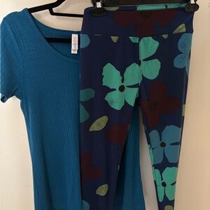 LuLaRoe Floral Leggings with Blue Top